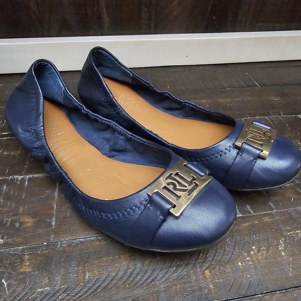 Lauren‎ Ralph Lauren Women's 7B Ballet Flats Blue Leather Logo RLL Slip On Shoes